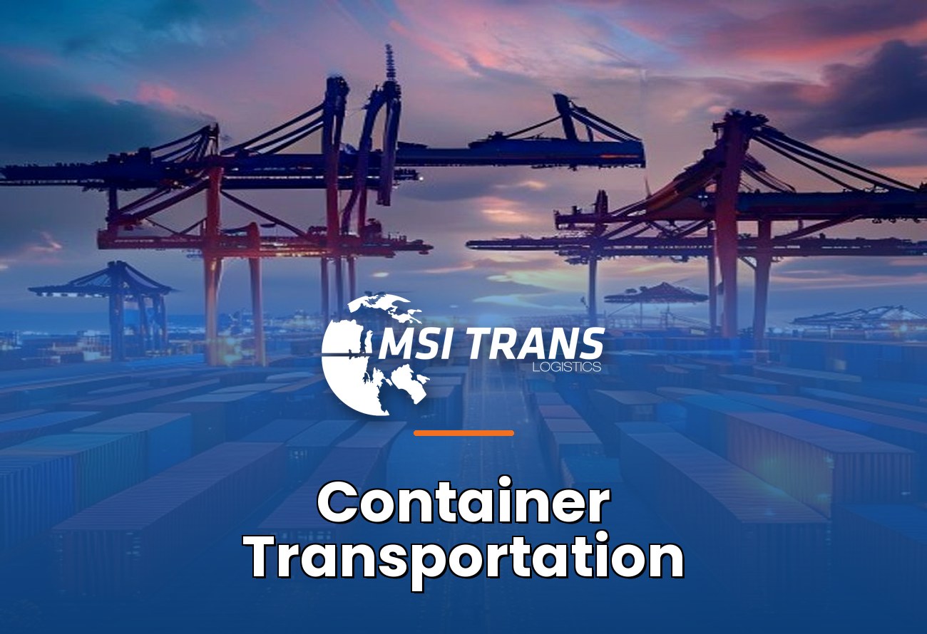 MSI Trans Container Transportation Services cover — stacks of colorful shipping containers at busy port with gantry cranes