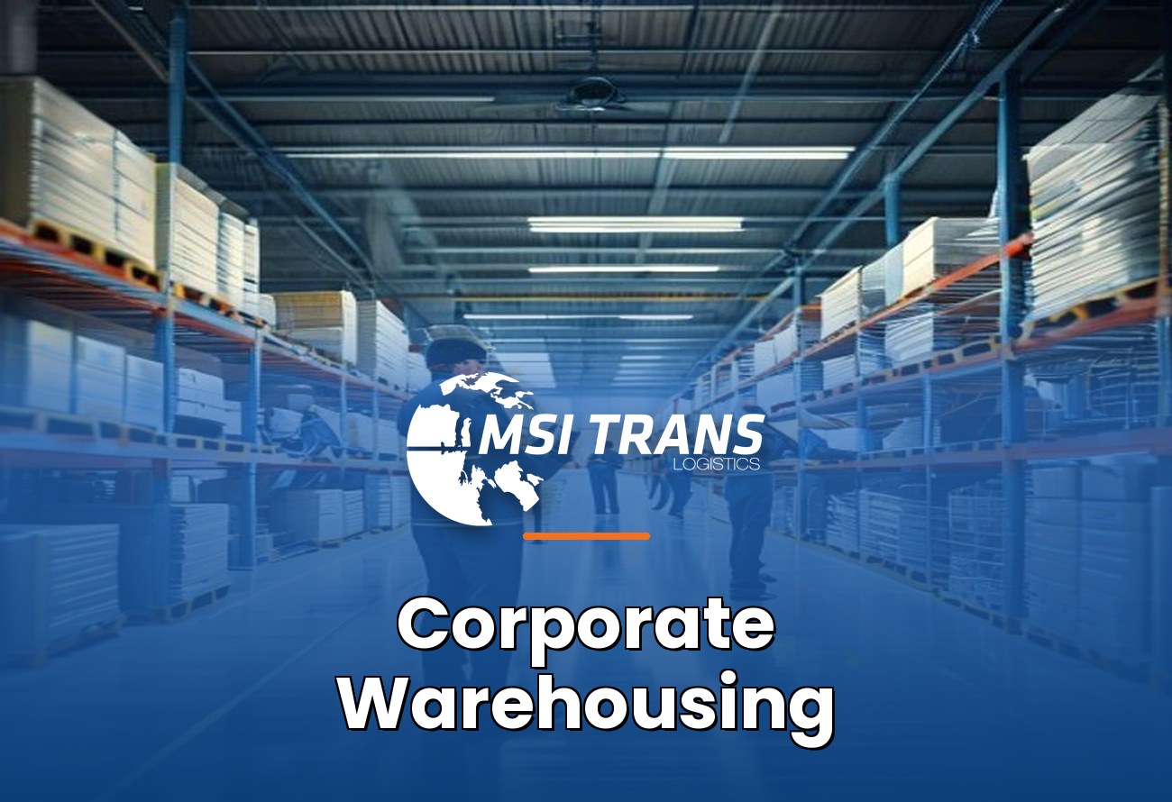 MSI Trans Corporate Warehousing cover — high-tech enterprise warehouse with barcode-labeled pallet racks