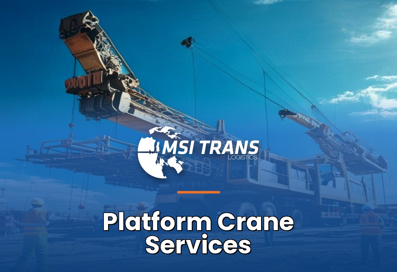 MSI Trans Platform Crane Services cover — mobile crane lifting heavy industrial equipment onto flatbed truck
