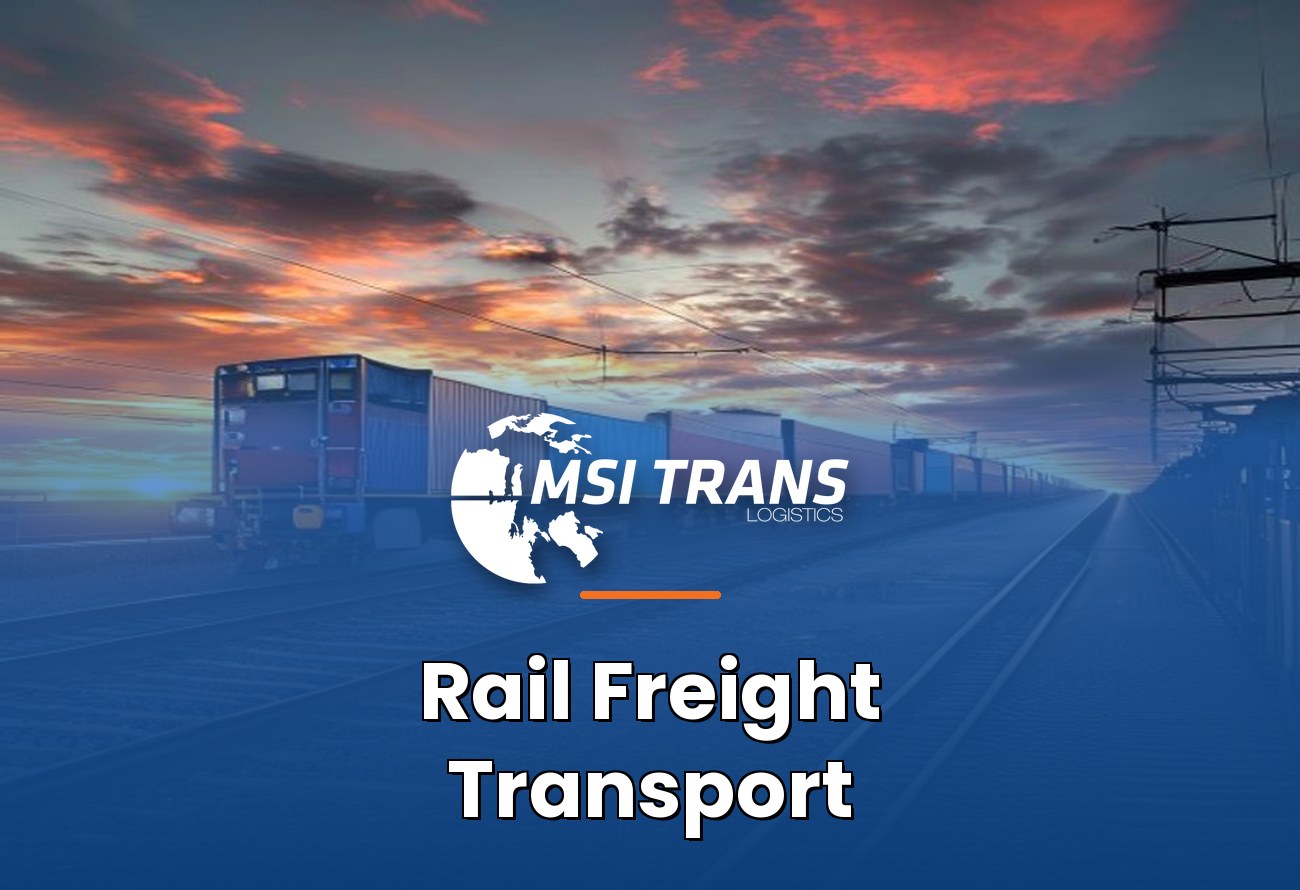 MSI Trans Rail Freight Transportation cover — intermodal freight train with stacked containers crossing rail yard