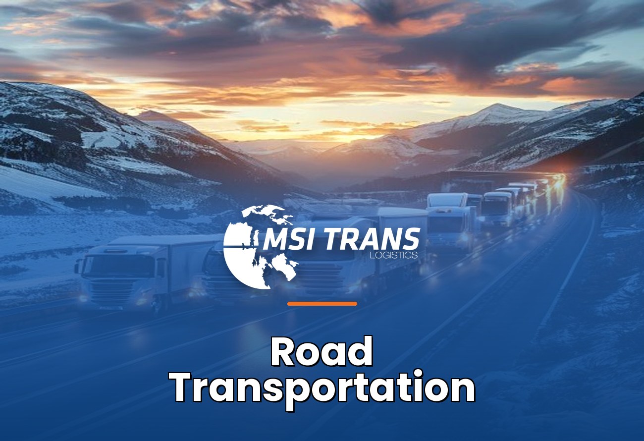 MSI Trans Road Transportation Services cover — convoy of semi trucks on European motorway at sunset for international road freight
