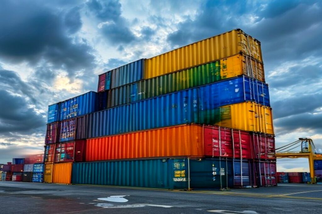 Kanada'ya nakliye 2 Limanda üst üste yığılmış renkli 20'lik ve 40'lık nakliye konteynerleri