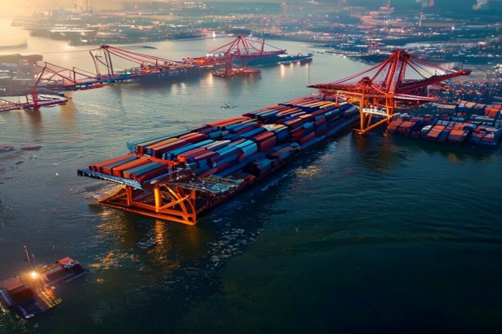 Kanada'ya gönderim 5 Altın saatte konteyner gemisi ve liman vinçleri olan Kanada limanı