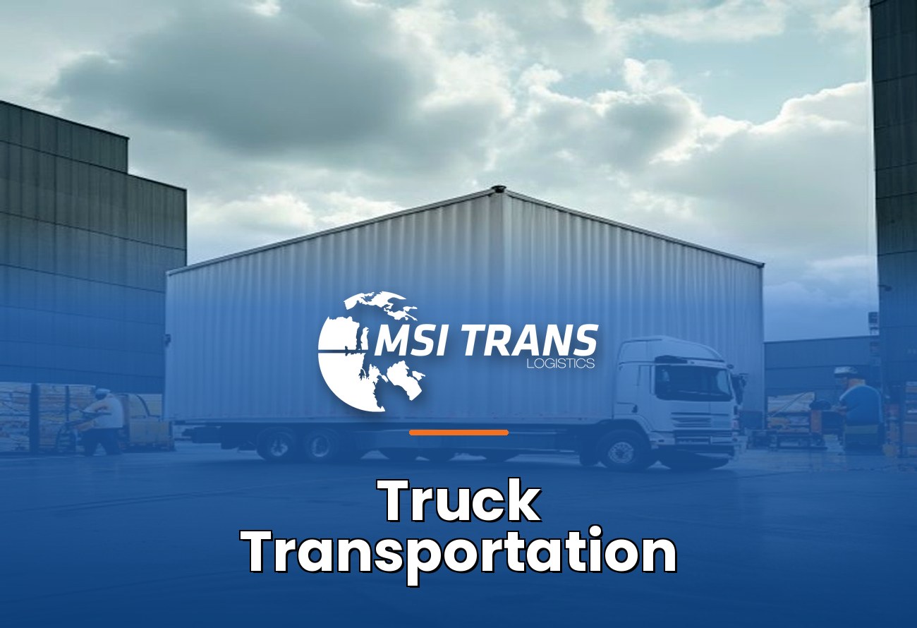 MSI Trans Truck Transportation Services cover — curtain-sided rigid truck at urban distribution center loading dock